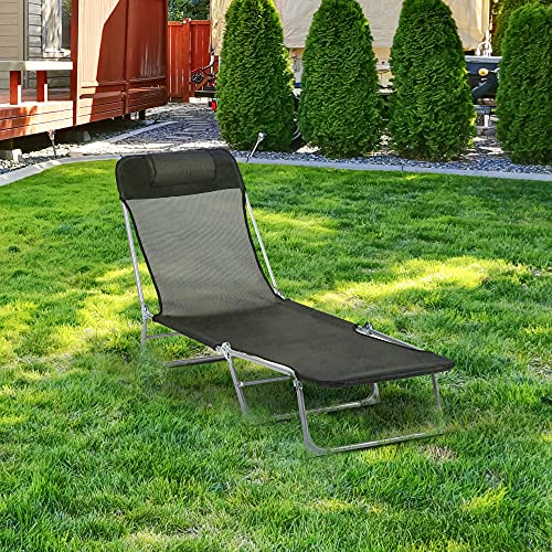 Outsunny Tumbona Plegable y Reclinable de Jardín con Reposacabezas y Respaldo Ajustable en 5 Niveles Tela de Textilene Transpirable 182x56x24,5 cm Negro