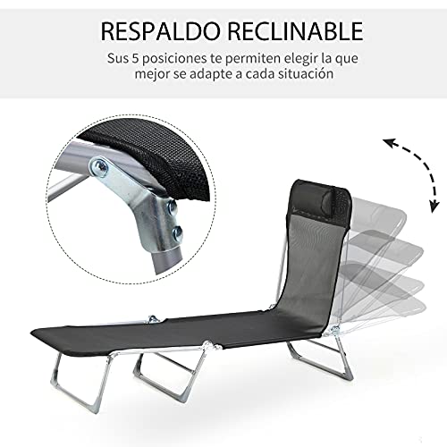 Outsunny Tumbona Plegable y Reclinable de Jardín con Reposacabezas y Respaldo Ajustable en 5 Niveles Tela de Textilene Transpirable 182x56x24,5 cm Negro