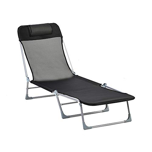 Outsunny Tumbona Plegable y Reclinable de Jardín con Reposacabezas y Respaldo Ajustable en 5 Niveles Tela de Textilene Transpirable 182x56x24,5 cm Negro