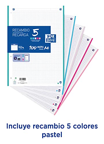 Oxford, Archivador 4 anillas con recambio y goma, Tapa Extradura A4+ con Recambio 100 Hojas Cuadrícula 5x5 y Pizarra Extraíble, Color Ice Mint