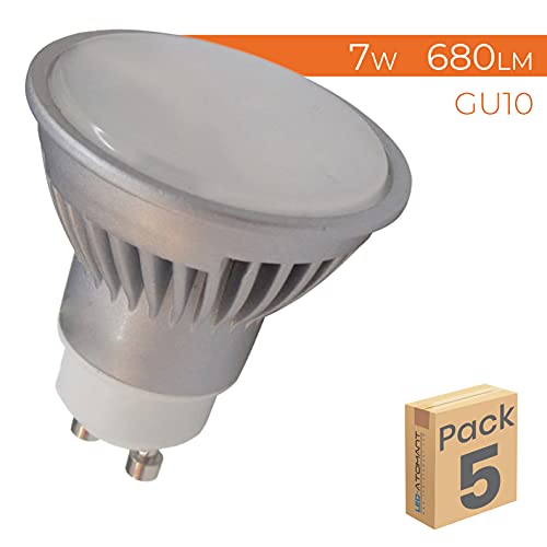 Pack 5x GU10 Led 7w REGULABLE. Color Blanco Calido (3000K). 680 Lumenes. Angulo 120 grados.