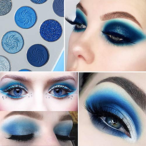 Paleta de sombras de ojos Blue Matte Shimmer Makeup, Afflano Pigment Sombra de ojos de paleta de larga duración, Brillo prensado Plata oscuro Metallic Cream Bright Girl Women Sombras de ojos veganas