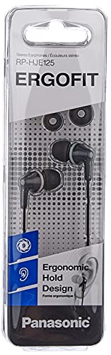 Panasonic RP-HJE125E-K Auriculares Boton con Cable In-Ear (Headphone Sonido Estéreo para Móvil, MP3/MP4, Diseño de Ajuste Cómodo, Imán Neodimio 9mm, Presión de sonido de 97 dB) Color Negro
