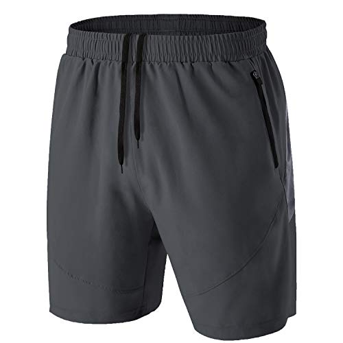 Pantalones Cortos Hombre Running Transpirable Shorts Deportivos Secado Rápido Pantalón Correr con Bolsillo con Cremallera(Gris Oscuro,EU-M/US-S)