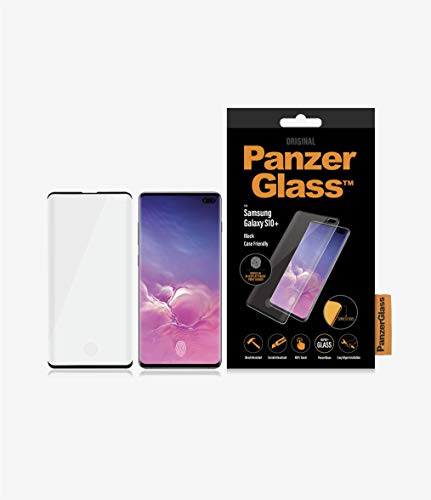 PanzerGlass 7186 - Protector de pantalla de vidrio blindado (Case Friendly) con sensor de huellas dactilares y marco de color en negro – apto para Samsung Galaxy S10+