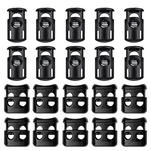 Paquete de 20 cerraduras de plástico para cables, FineGood Retenedor de resorte para tope, 10 piezas Sing-Hole, 10 piezas de doble agujero (Negro)