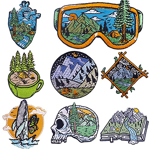 Patch Sticker,Parche termoadhesivo,Aplique de bordado adecuado para sombreros, chaquetas, abrigos, camisetas, ojos, corazón, montaña nevada 8 piezas