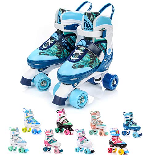 Patines 4 Ruedas Ajustable Disco Roler Skate Patines en Paralelo Retro Quad Skate Patines para Niños Adolescentes y Adultos tamaño Ajustable del Zapato (L 39-42, Flora)