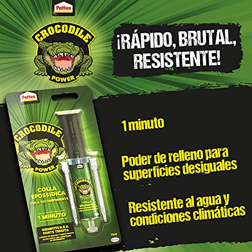 Pattex Crocodile Power Cola Bicomponente 1 Min, resina epoxi con jeringa con mezcla instantánea, pegamento epoxi rápido – Incluso para superficies irregulares, 1x11ml