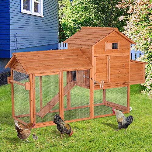 Pawhut Gallinero Exterior Madera Jaula para Gallinas Animales Pequeños con Corredor Techo Abatible Caja Nido Bandeja Rampa 2 Ruedas y 2 Perchas 213x91x122cm