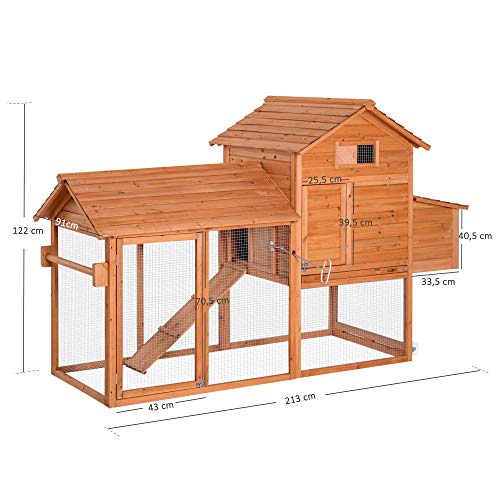 Pawhut Gallinero Exterior Madera Jaula para Gallinas Animales Pequeños con Corredor Techo Abatible Caja Nido Bandeja Rampa 2 Ruedas y 2 Perchas 213x91x122cm