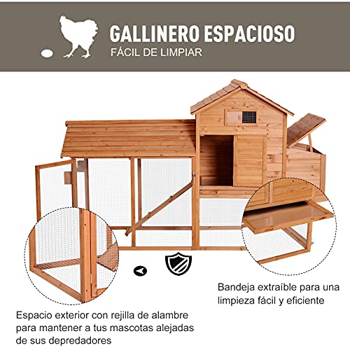 Pawhut Gallinero Exterior Madera Jaula para Gallinas Animales Pequeños con Corredor Techo Abatible Caja Nido Bandeja Rampa 2 Ruedas y 2 Perchas 213x91x122cm