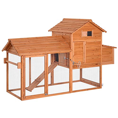 Pawhut Gallinero Exterior Madera Jaula para Gallinas Animales Pequeños con Corredor Techo Abatible Caja Nido Bandeja Rampa 2 Ruedas y 2 Perchas 213x91x122cm