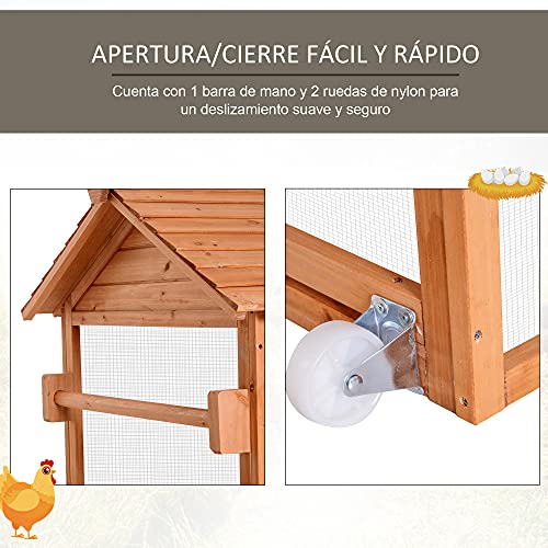 Pawhut Gallinero Exterior Madera Jaula para Gallinas Animales Pequeños con Corredor Techo Abatible Caja Nido Bandeja Rampa 2 Ruedas y 2 Perchas 213x91x122cm