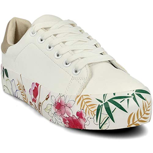 PAYMA - Zapatillas Bambas Deportivas Plataforma Mujer. Tenis Deporte, Casual y Caminar. Cierre Cordones. Interior Acolchado. Color: Blanco Flores. Talla: EU 36