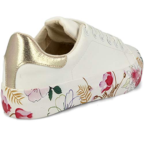 PAYMA - Zapatillas Bambas Deportivas Plataforma Mujer. Tenis Deporte, Casual y Caminar. Cierre Cordones. Interior Acolchado. Color: Blanco Flores. Talla: EU 36