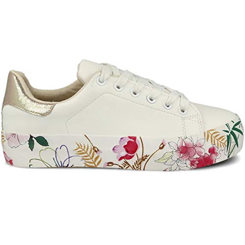 PAYMA - Zapatillas Bambas Deportivas Plataforma Mujer. Tenis Deporte, Casual y Caminar. Cierre Cordones. Interior Acolchado. Color: Blanco Flores. Talla: EU 36