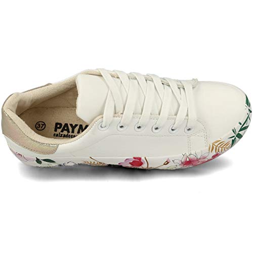 PAYMA - Zapatillas Bambas Deportivas Plataforma Mujer. Tenis Deporte, Casual y Caminar. Cierre Cordones. Interior Acolchado. Color: Blanco Flores. Talla: EU 36