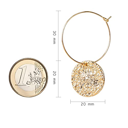 Pendientes de aro para mujer, chapados en oro de 14 quilates, con colgante de placa redonda, hipoalergénicos, pendientes de aro grandes, diámetro de 30 mm, color dorado