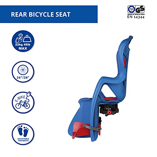 Pepe - Asiento Posterior de Bicicleta - para niños de hasta 22 kg, de 3 a 8 años - Se Fija al Portaequipaje - Azul eléctrico y Rojo