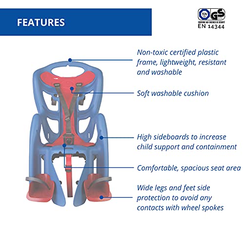 Pepe - Asiento Posterior de Bicicleta - para niños de hasta 22 kg, de 3 a 8 años - Se Fija al Portaequipaje - Azul eléctrico y Rojo