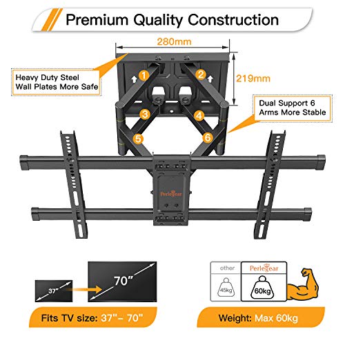 Perlegear Soporte TV Pared Articulado Inclinable Y Giratorio – Soporte De TV para Pantallas De 37-70” TV – MAX VESA 600x400mm, para Soportar 60kg