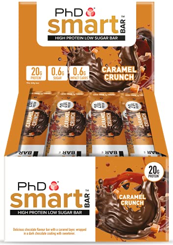 PhD Smart Bars, Pack de Barritas Altas en Proteínas Bajas en Carbohidratos con Delicioso Sabor de Caramelo y Chocolate Negro (Caja de 12 x 64g)