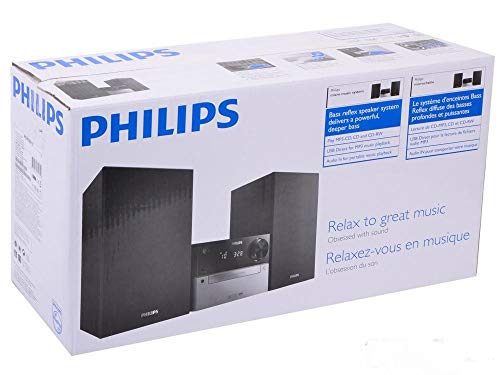 Phillips Audio MCM2300/12 Minicadena de Música con CD y USB, Radio FM, MP3, CD, Entrada de Audio, Puerto USB para Carga, Altavoces Bass Reflex, Control Digital del Sonido, Color Negro y Gris