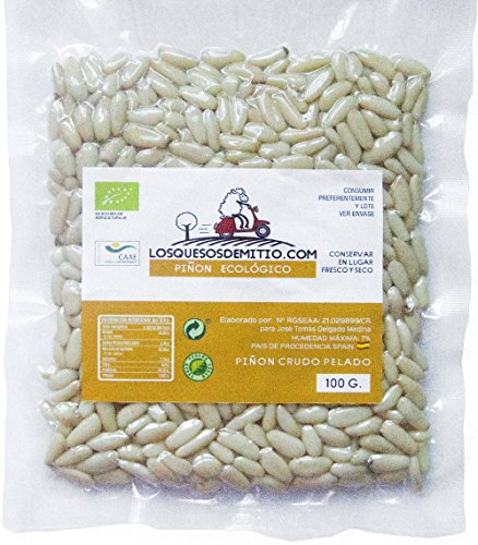 Piñones ecológicos cultivados en España, frutos secos deliciosos y saludables, sin sal añadida, (una bolsa de piñón, 100g), de Losquesosdemitio