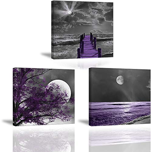 Piy Painting Cuadro En Lienzo, Puente Morado Y Luna Blanca Paisaje Pinturas, 3X Impresiones de Lienzo Arte con Marco, 30x30cm Artística Imagen para Sala de Estar Pared Decor Regalo de San Valentín