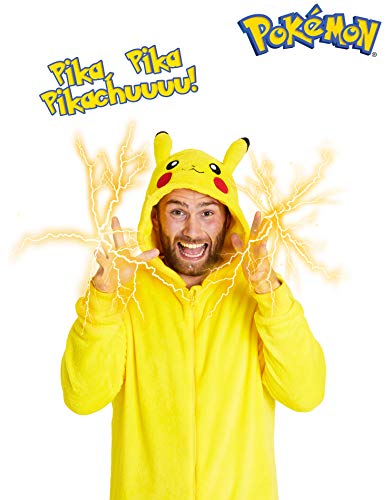 Pokemon Pijama Hombre Entero de Una Pieza, Pijama Hombre Invierno Pikachu Capucha 3D, Pijama Mono Forro Polar, Regalos para Hombres y Adolescentes Talla S - 2XL (Amarillo, M)