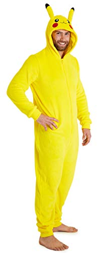 Pokemon Pijama Hombre Entero de Una Pieza, Pijama Hombre Invierno Pikachu Capucha 3D, Pijama Mono Forro Polar, Regalos para Hombres y Adolescentes Talla S - 2XL (Amarillo, M)