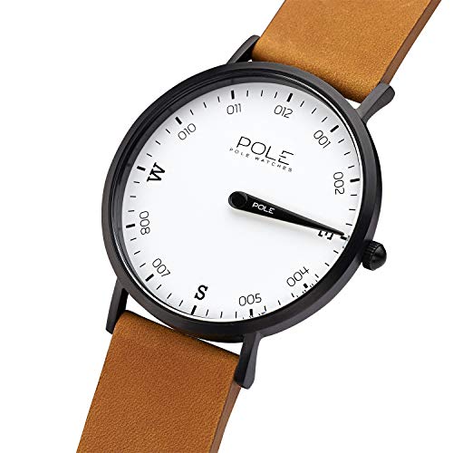 Pole Watches Reloj de Pulsera Analógico Monoaguja de Cuarzo para Hombre Esfera Blanca y Correa de Cuero Mostaza Modelo Compass Snowy B-1002BL-NE02