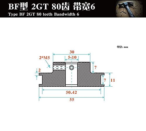 Polea de Tiempo de Aluminio 80 Dientes GT2 Polea de la polea de la polea de 5 mm 8 mm para el Ancho de la Correa 6 mm Usado en la polea de 2 GT de 80TETHTETHT (Bore Diameter : 5mm, Width : 6mm)