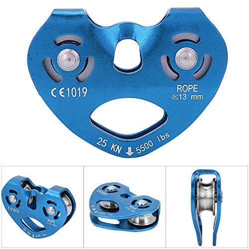 Polea de tirolina de Escalada Trolley Doble 25KN Aleación de Aluminio Heavy Duty Single Swivel Rope Polea Block Climbing Safety Equipment(Azul)