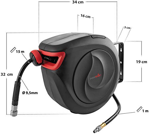 Poppstar Enrollador de manguera aire comprimido automático (manguera: 15 m + 1 m, diámetro interior 3/8” (9,5 x 15 mm)), conexión latón 1/4” BSPT