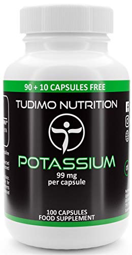 Potasio Capsulas 99mg – 100 Cápsulas de Desintegración Rápida, cada una con 99 mg de Polvo de Potasio Gluconato Suplemento Puro (Potassium Supplement)