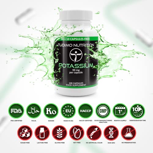 Potasio Capsulas 99mg – 100 Cápsulas de Desintegración Rápida, cada una con 99 mg de Polvo de Potasio Gluconato Suplemento Puro (Potassium Supplement)