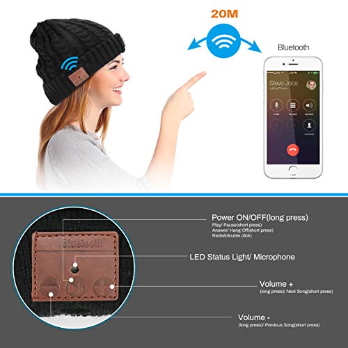 Powcan Sombrero Auricular Bluetooth con Linterna LED, Gorro Bluetooth Unisex con Audífono Inalámbrico, Bluetooth Beanie Compatible con Música y Llamadas, Recargable, Regalos Originales para Hombre