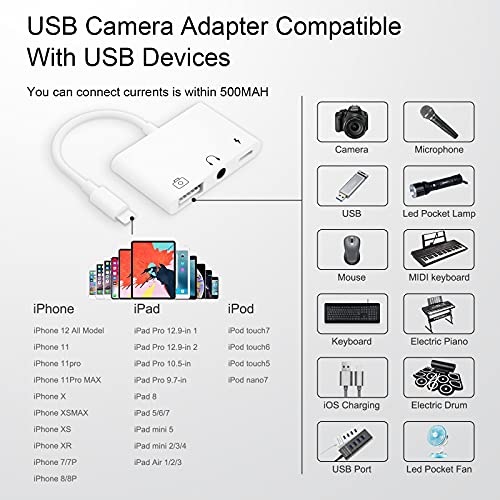 Power4 Adaptador de Cámara USB,3 en 1 USB 3.0 Adaptador OTG Hembra con Interfaz de Carga y Conector de Auriculares de 3,5 mm para Phone Pad[Compatible con iOS 9-iOS 13](Blanco)