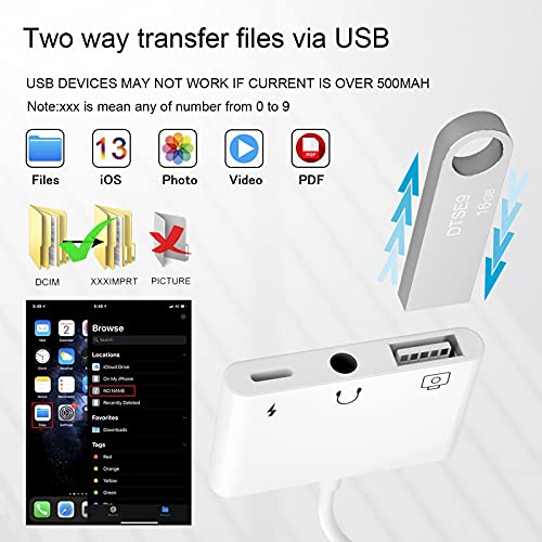 Power4 Adaptador de Cámara USB,3 en 1 USB 3.0 Adaptador OTG Hembra con Interfaz de Carga y Conector de Auriculares de 3,5 mm para Phone Pad[Compatible con iOS 9-iOS 13](Blanco)