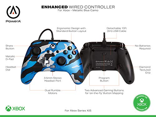 PowerA - Mando con cable mejorado para Xbox Series X y S, color camuflaje azul metálico