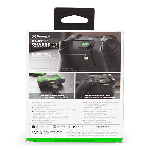 PowerA Play and Charge Kit de Carga para Mandos Xbox One y Xbox X|S, Cargador Compatible con Base de Carga de Xbox, 2 Baterías Recargables con Indicadores LED, 4 Tapas de Batería – Negro y Verde