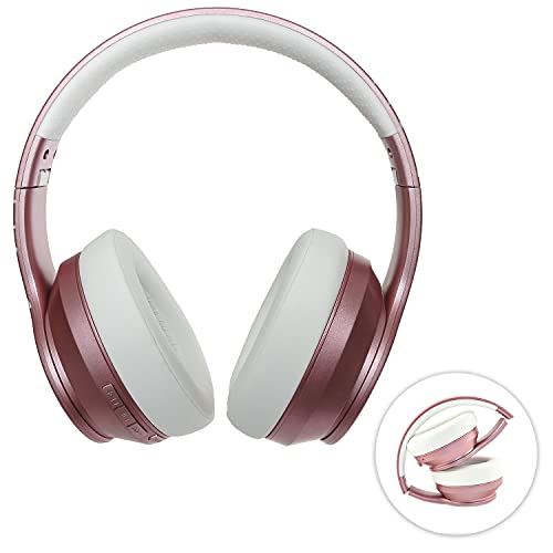 PowerLocus Auriculares Inalámbricos Diadema, Cascos Bluetooth con Micrófono Incorporado,Hi-Fi Sonido Estéreo Super Bass Audifonos Inalámbrico y con Cable para iPhone/Samsung/Móviles/iPad/PC (Oro Rosa)