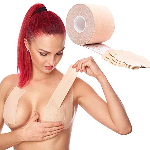 Premium Cinta Adhesiva para Pechos Grandes, Piel Clara, Boob Tape Resistente al Agua Cinta Adhesiva con Efecto Sujetador Invisible + 6 Pezoneras Adhesivas - Nude Breast Tape Ancho 5 cm