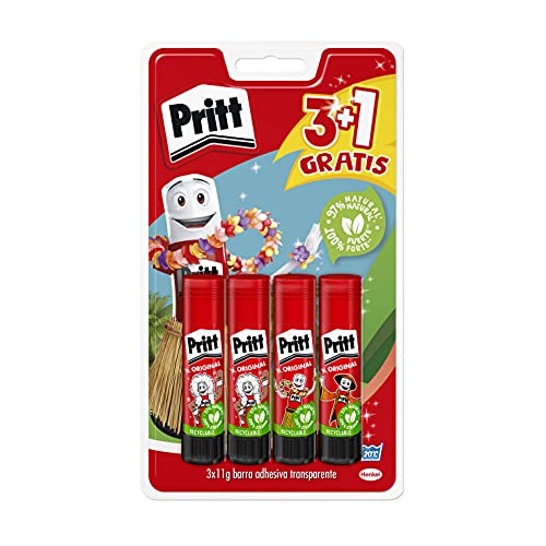 Pritt Barra Adhesiva, pegamento infantil seguro para niños para manualidades, cola universal de adhesión fuerte para estuche escolar y oficina, 3+1 x 11 g Pritt Stick