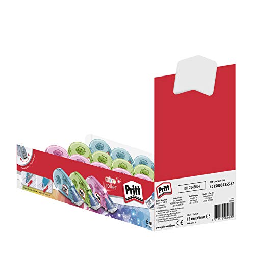 Pritt Micro Rolli, correctores de bolígrafo para tapar errores, cintas correctoras que no dejan manchas, corrector escolar en azul, verde y rosa, 15 x (5mm x 6m)