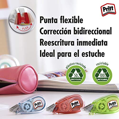 Pritt Micro Rolli, correctores de bolígrafo para tapar errores, cintas correctoras que no dejan manchas, corrector escolar en azul, verde y rosa, 15 x (5mm x 6m)