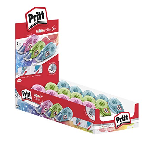 Pritt Micro Rolli, correctores de bolígrafo para tapar errores, cintas correctoras que no dejan manchas, corrector escolar en azul, verde y rosa, 15 x (5mm x 6m)