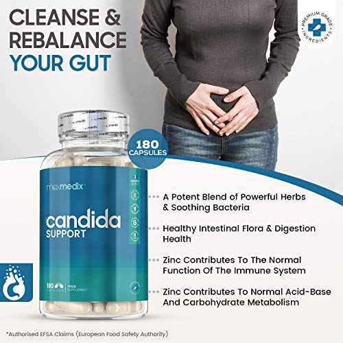 Probiótico Cándida Support 180 Cápsulas - Para la Flora Intestinal y la Cándida, Con Lactobacillus Acidophilus, Bífidobacterias y Prebioticos Ácido Caprílico y Zinc, Sin Gluten y Sin Lactosa